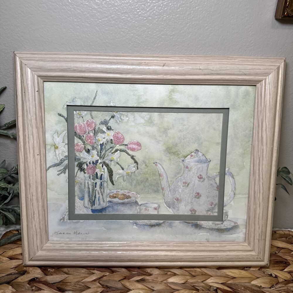 Sarah Malin Floral Tea Still Life Print Embellished Teapot Framed 12x10 Vtg